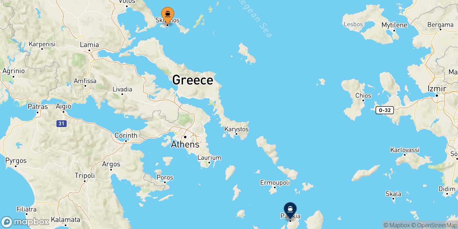 Mappa dei porti collegati con  Paros
