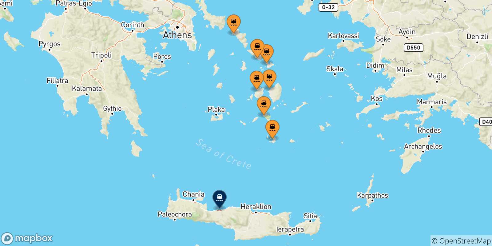 Mappa delle possibili rotte tra le Isole Cicladi e Rethimno