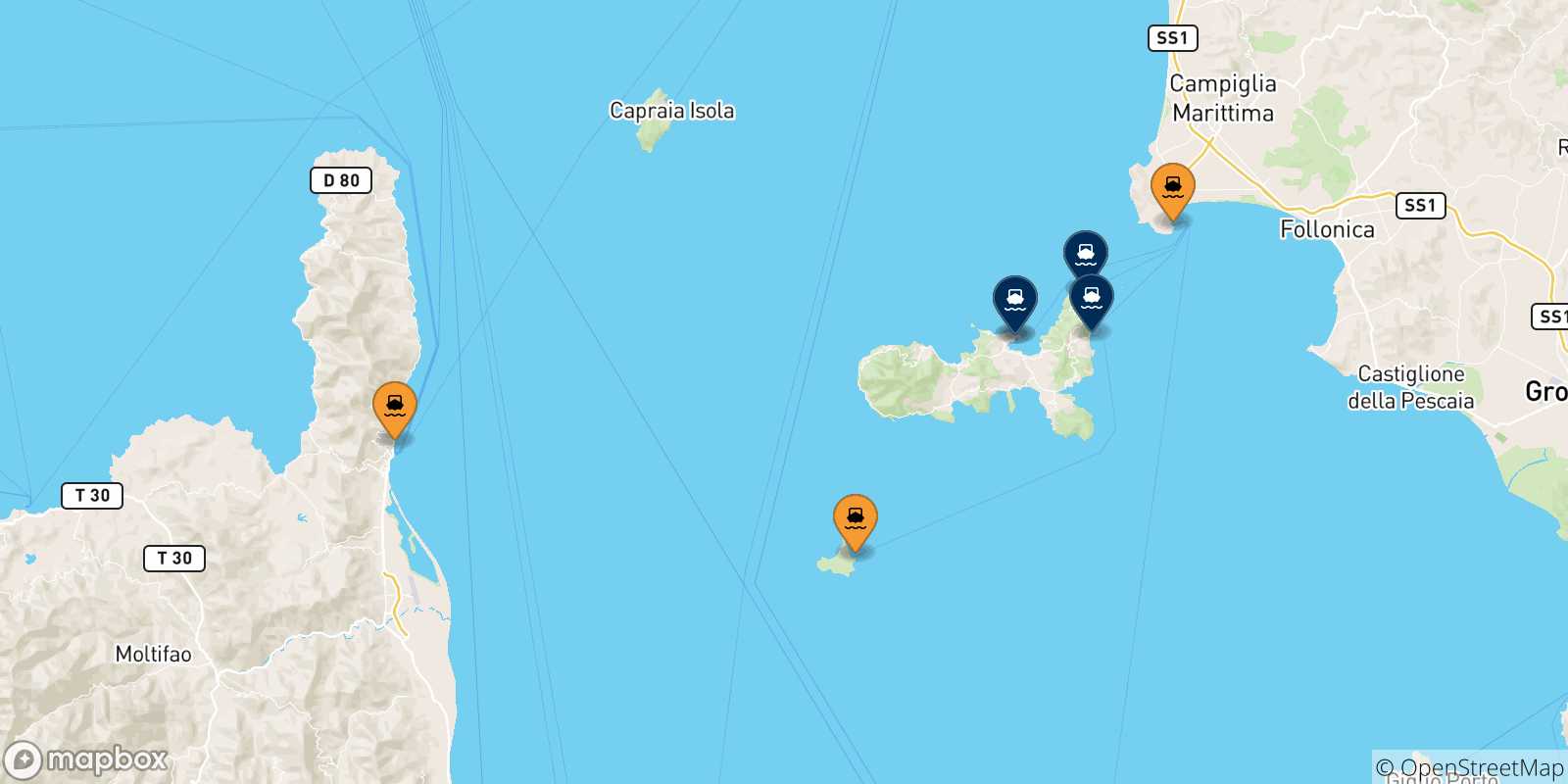 Mappa dei porti collegati con l' Isola D'elba