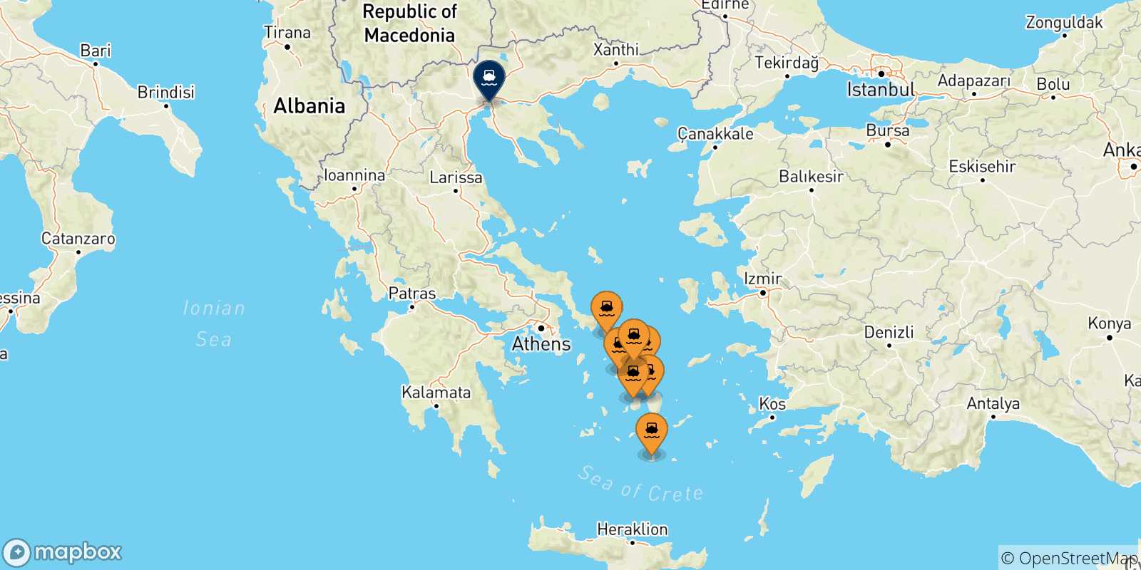 Mappa delle possibili rotte tra le Isole Cicladi e Salonicco