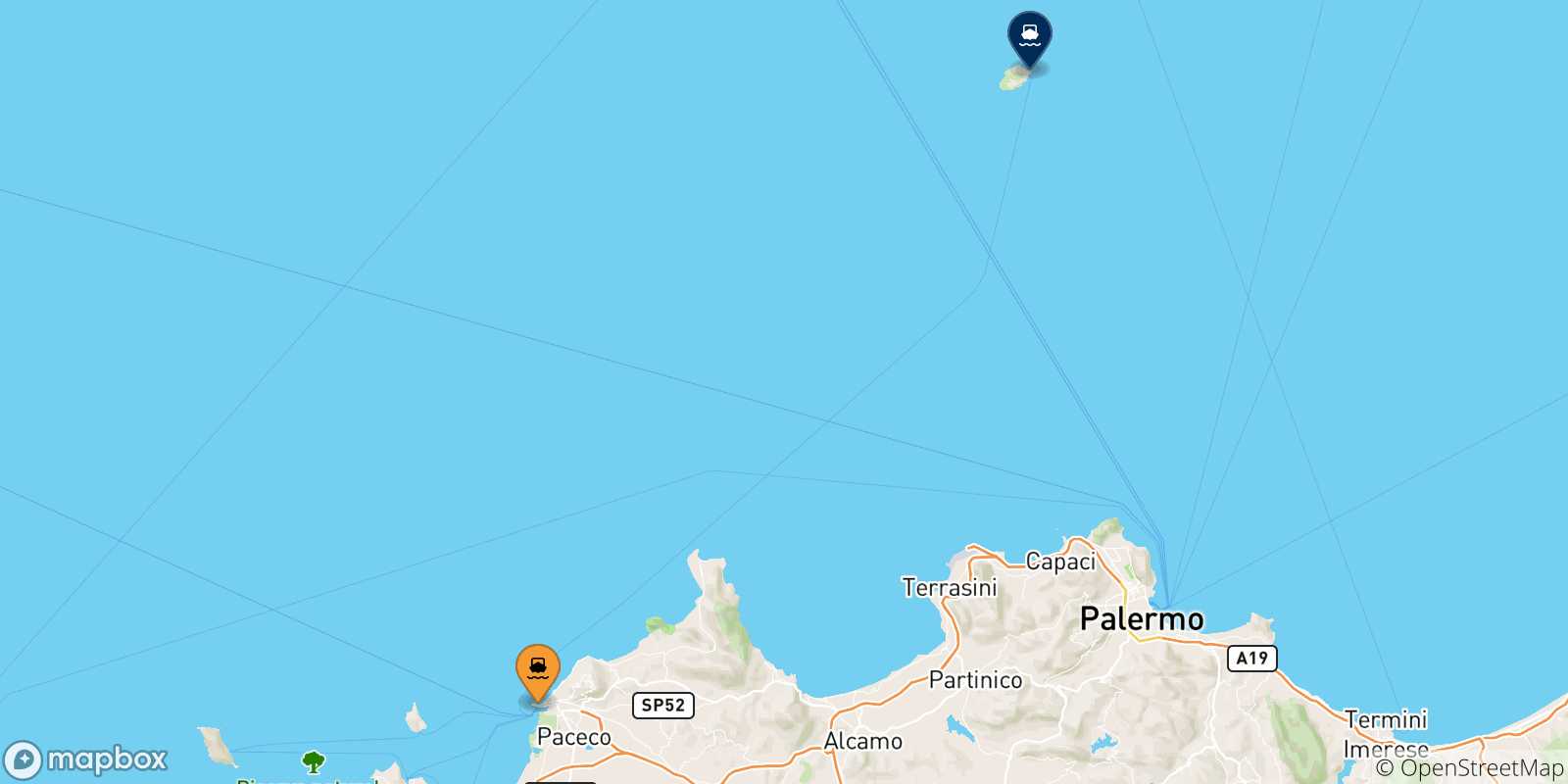 Mappa delle possibili rotte tra Trapani e l'Isola Di Ustica