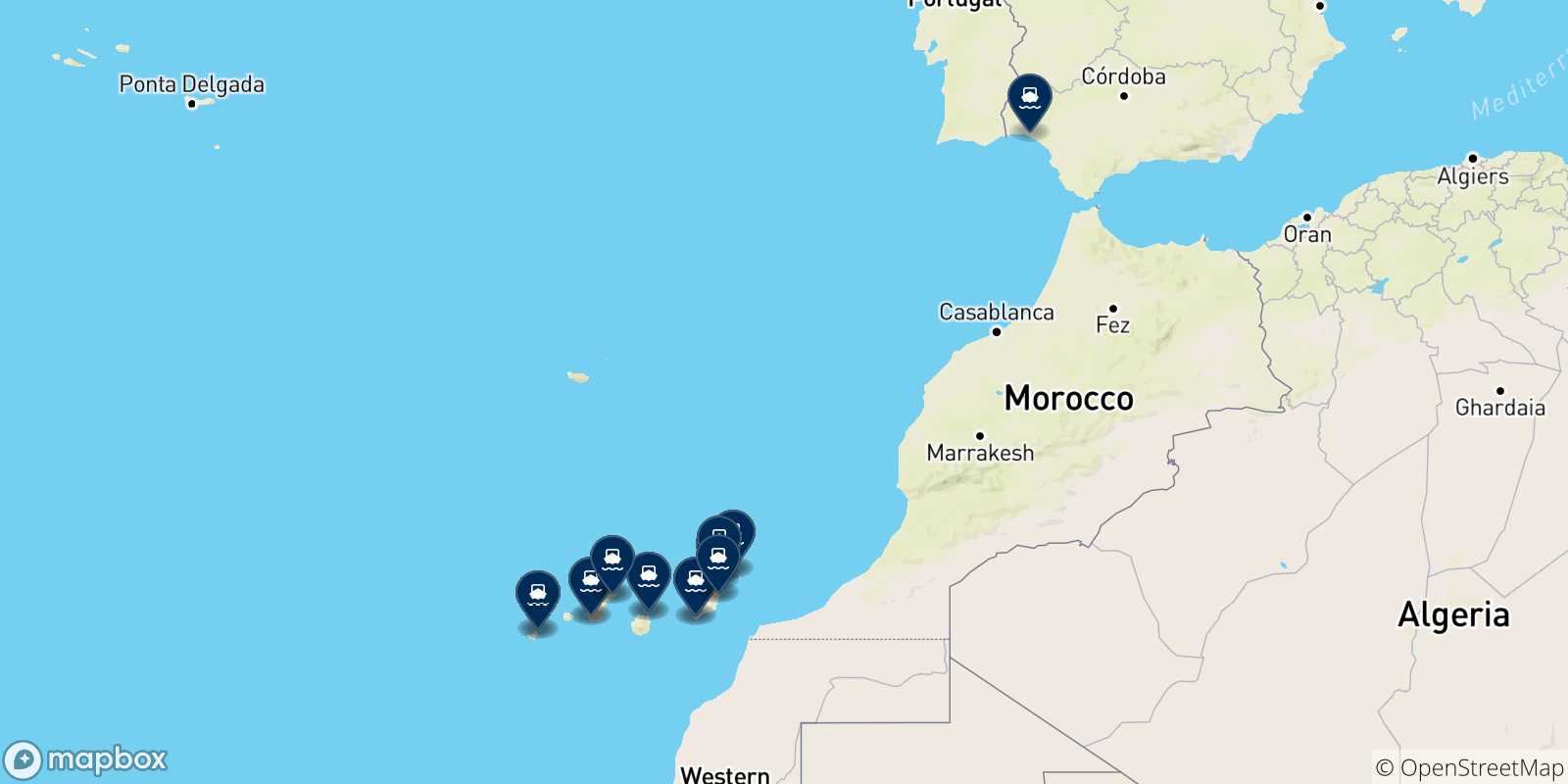 Mappa delle destinazioni raggiungibili dalle Isole Canarie