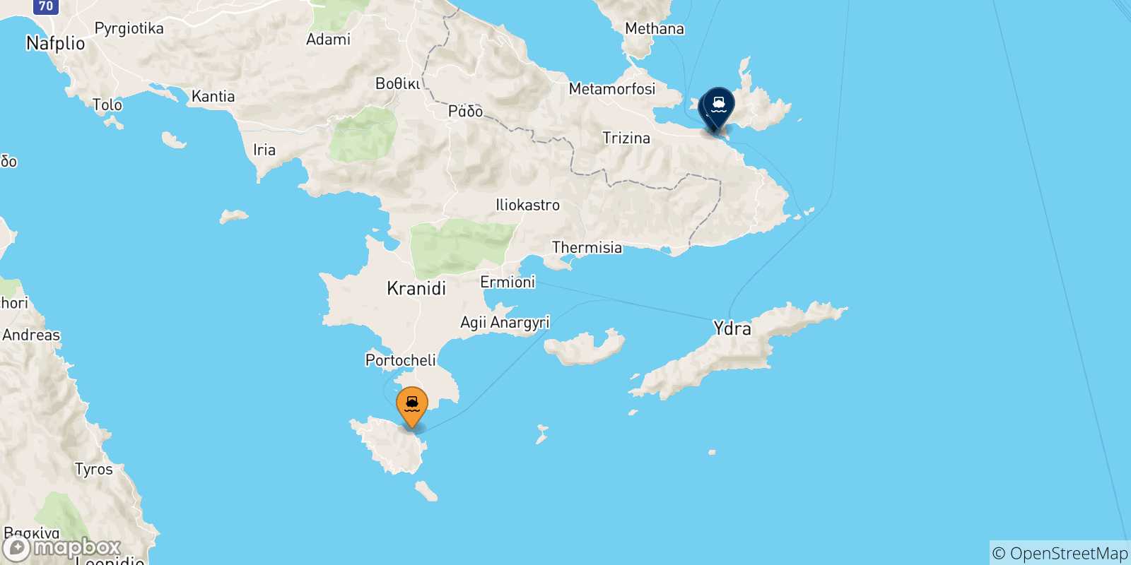 Mappa delle possibili rotte tra Spetses e le Isole Saroniche
