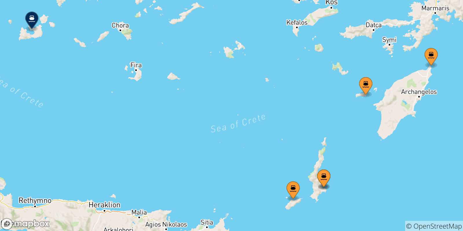 Mappa delle possibili rotte tra le Isole Dodecaneso e Milos