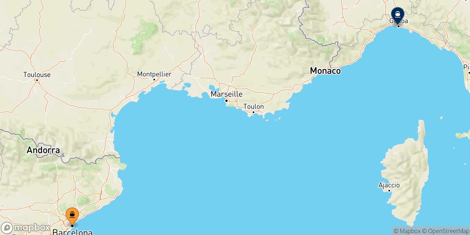 Mappa della rotta Barcellona Genova