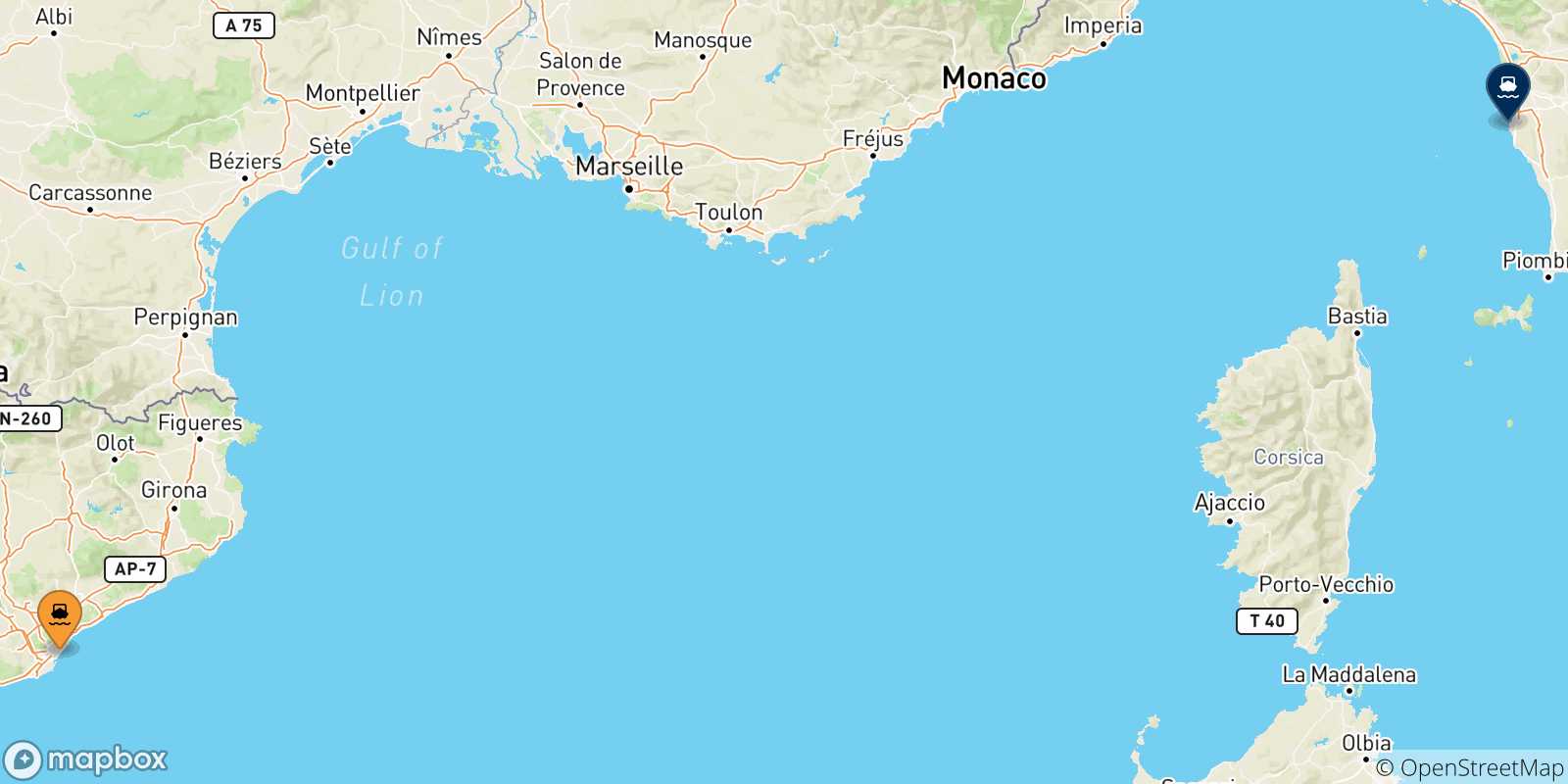 Mappa delle possibili rotte tra la Spagna e Livorno