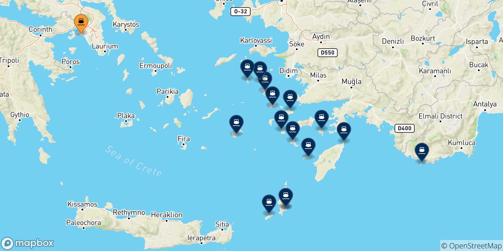 Mappa delle possibili rotte tra Pireo e le Isole Dodecaneso
