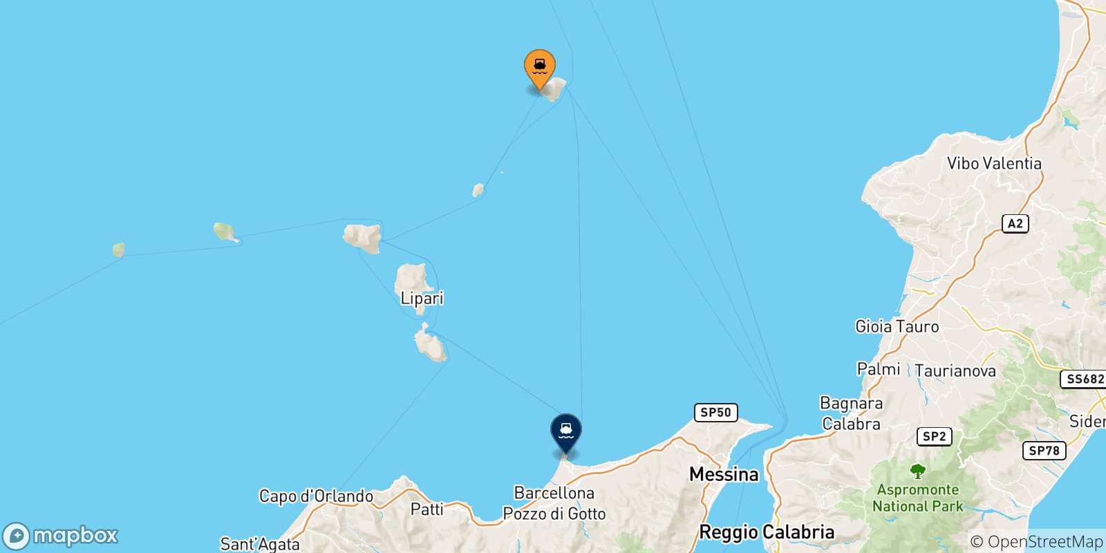 Mappa delle possibili rotte tra Ginostra (Stromboli) e la Sicilia