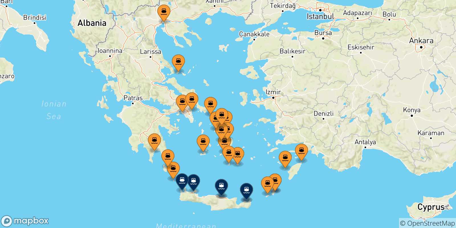 Mappa delle possibili rotte tra la Grecia e Creta