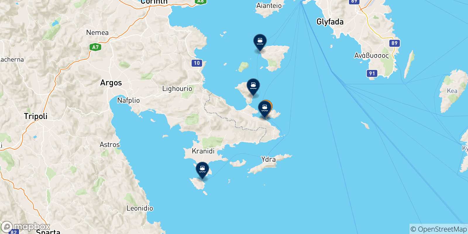 Mappa delle possibili rotte tra Poros e le Isole Saroniche