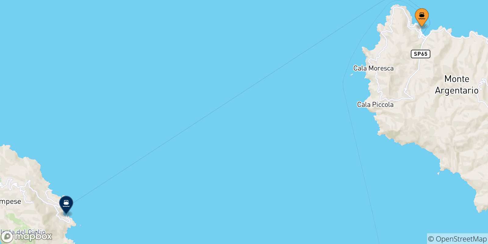 Mappa delle possibili rotte tra Porto Santo Stefano e l'Italia