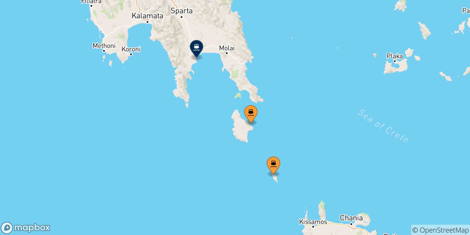 Mappa delle possibili rotte tra le Isole Ionie e Gythio