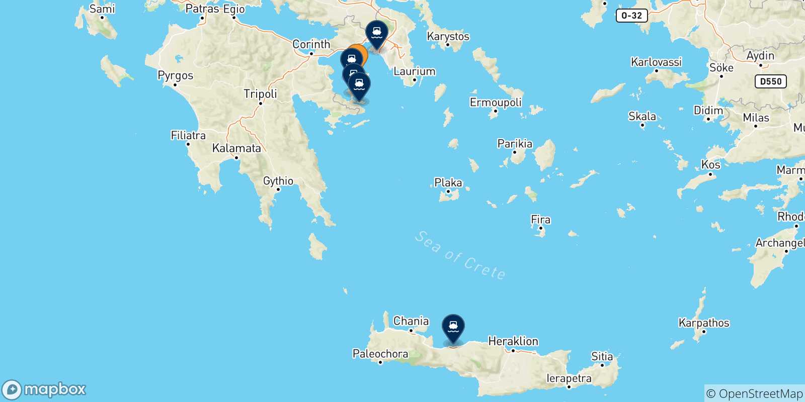 Mappa delle possibili rotte tra Aegina e la Grecia