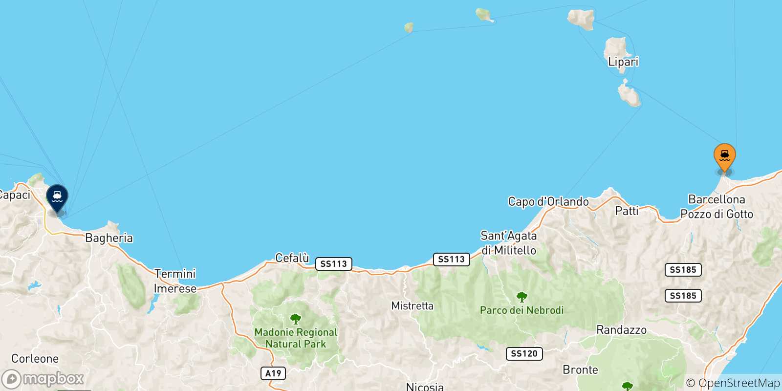 Mappa delle possibili rotte tra Milazzo e la Sicilia