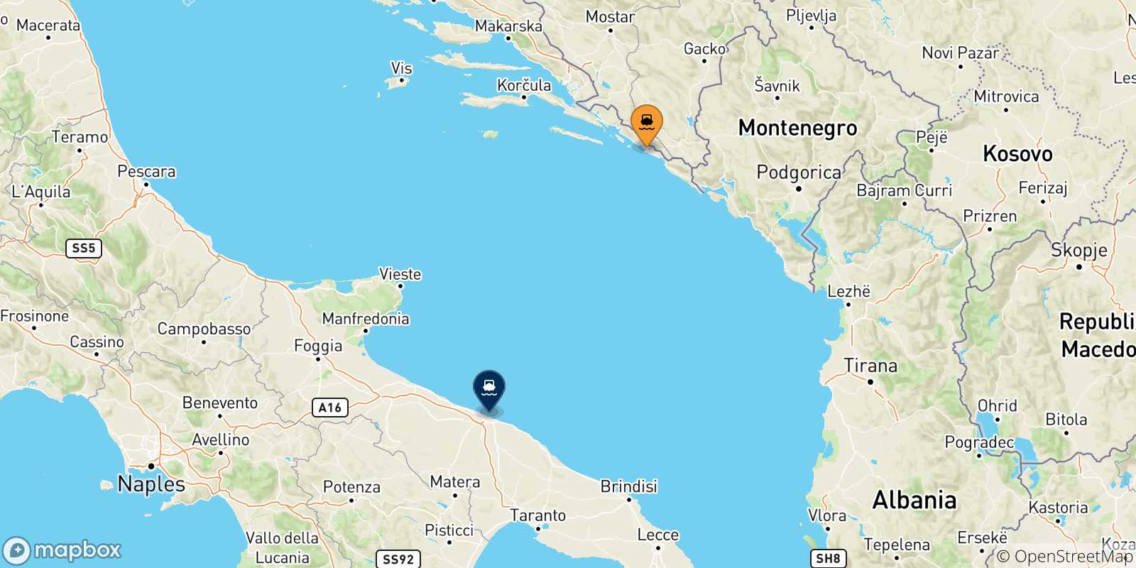 Mappa delle possibili rotte tra Dubrovnik e l'Italia