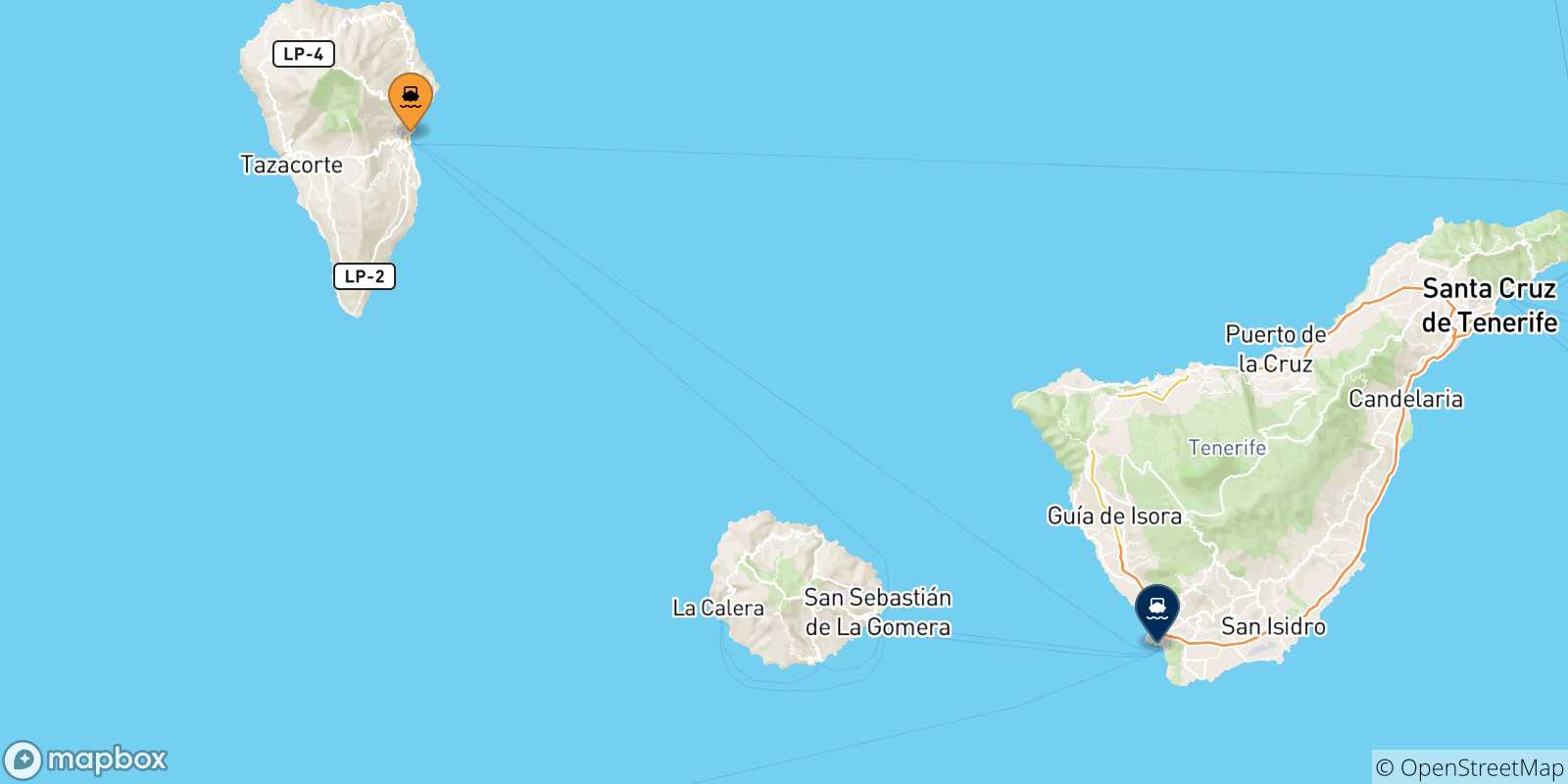 Mappa delle possibili rotte tra Santa Cruz De La Palma e le Isole Canarie