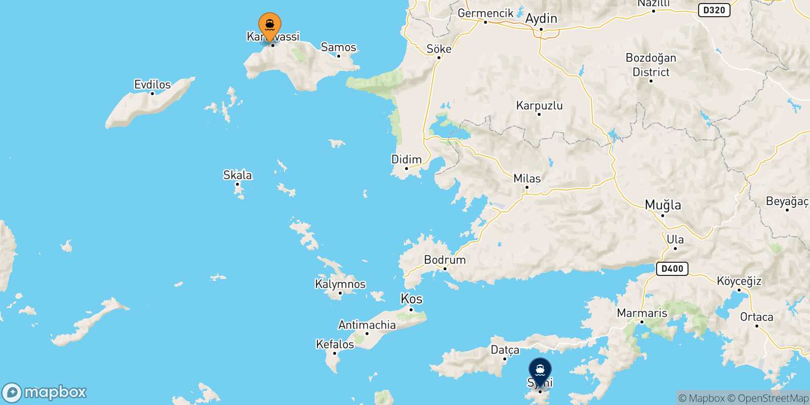 Mappa della rotta Pythagorio (Samos) Symi