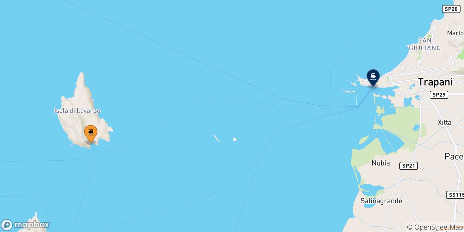 Mappa delle possibili rotte tra Levanzo e la Sicilia