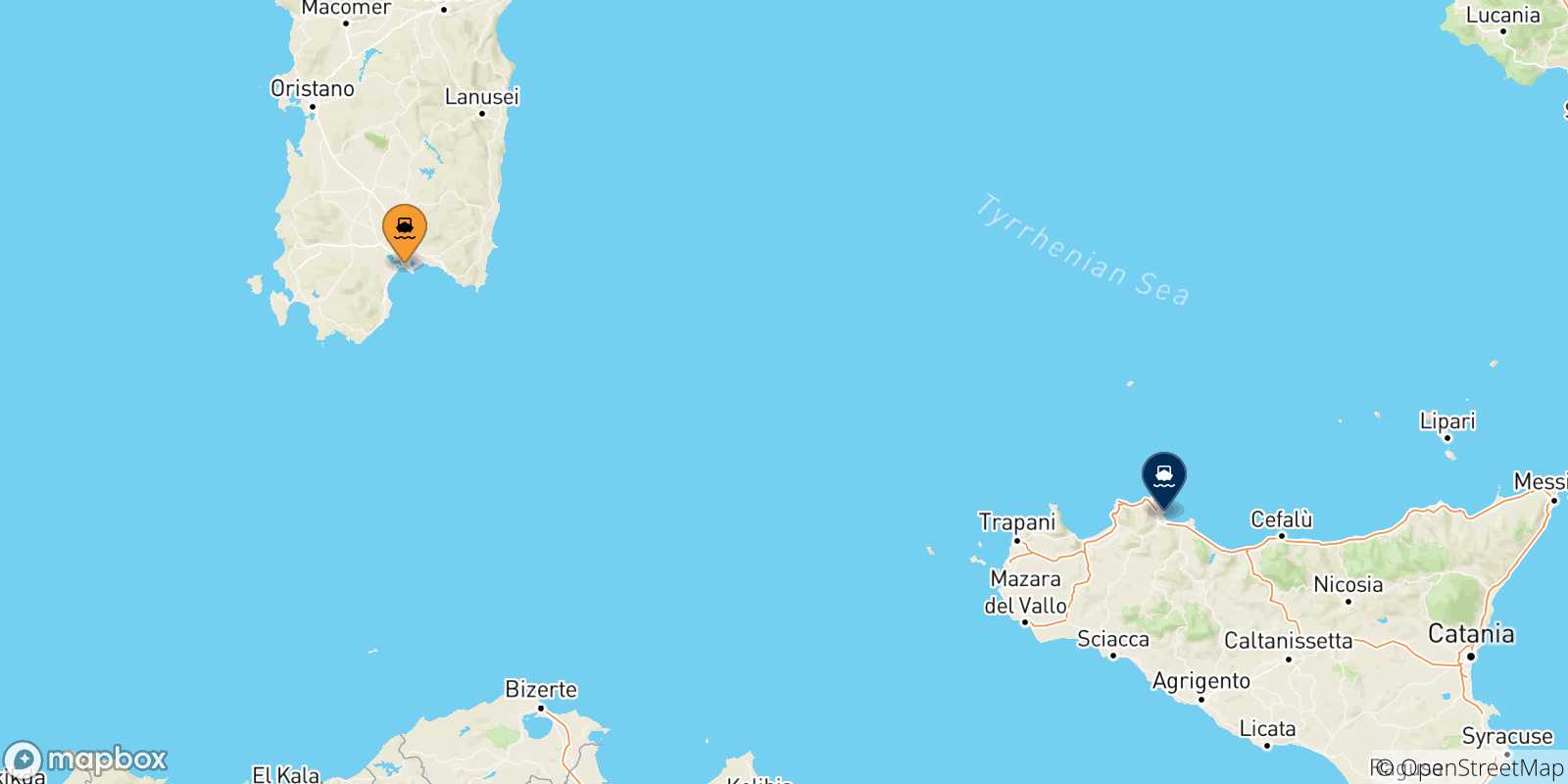 Mappa delle possibili rotte tra la Sardegna e Palermo