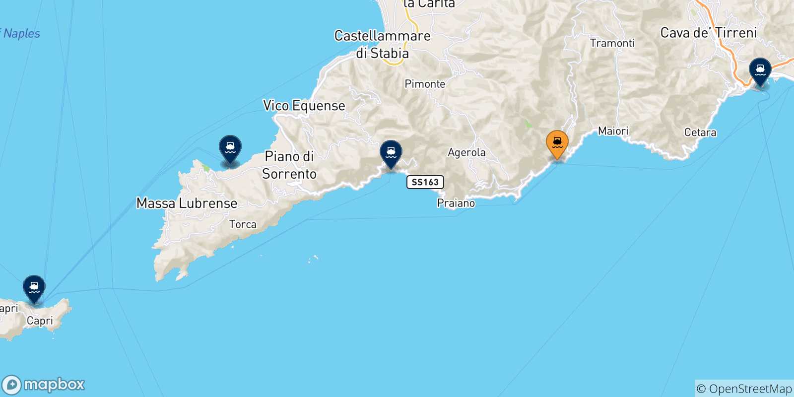 Mappa delle possibili rotte tra Amalfi e l'Italia