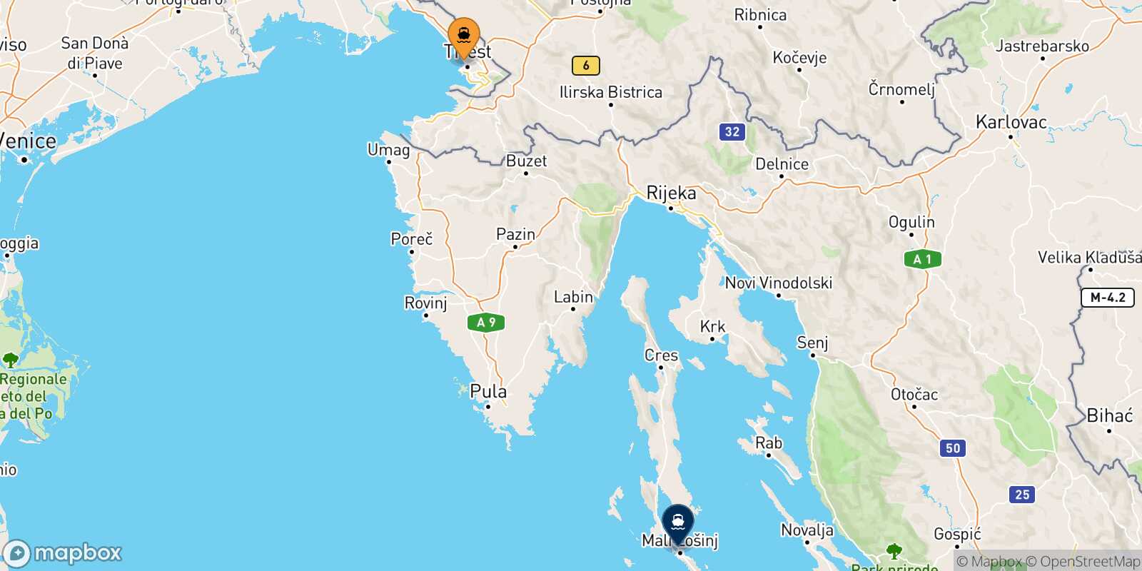 Mappa della rotta Trieste Lussinpiccolo