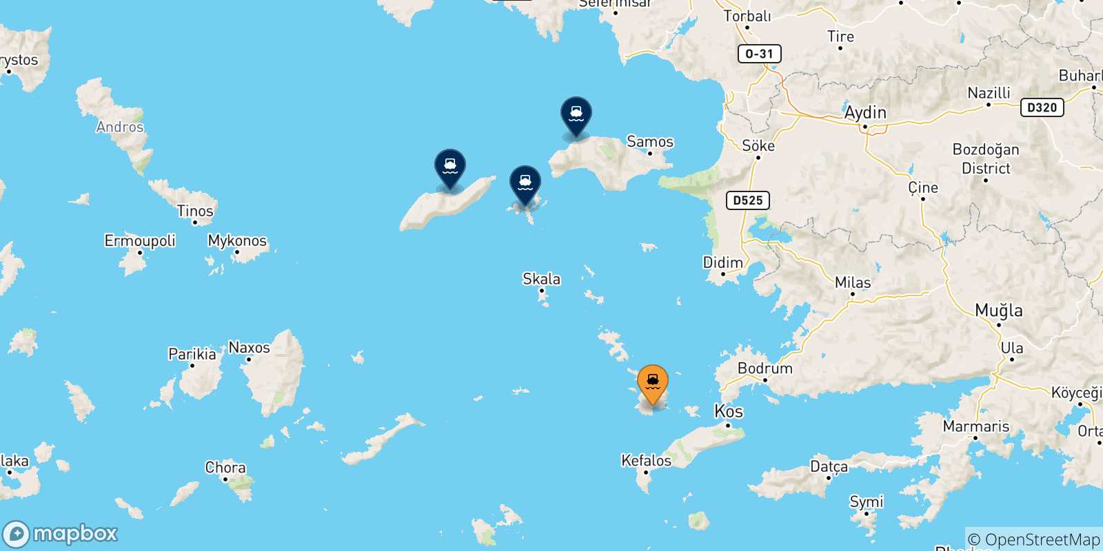 Mappa delle possibili rotte tra Kalymnos e le Isole Egeo Nord Orientale