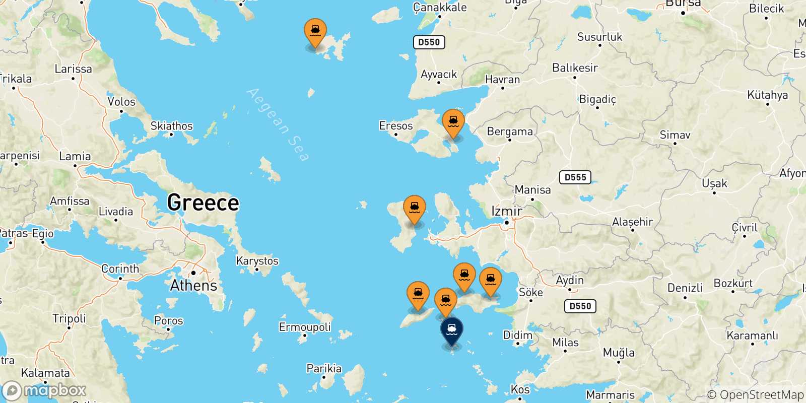 Mappa delle possibili rotte tra le Isole Egeo Nord Orientale e Patmos