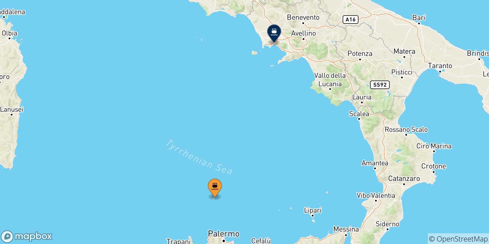 Mappa delle possibili rotte tra l'Isola Di Ustica e Napoli Beverello