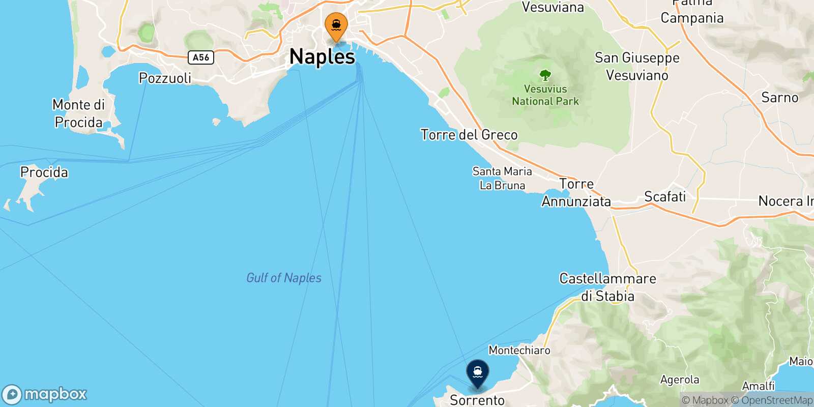 Mappa della rotta Napoli Beverello Sorrento