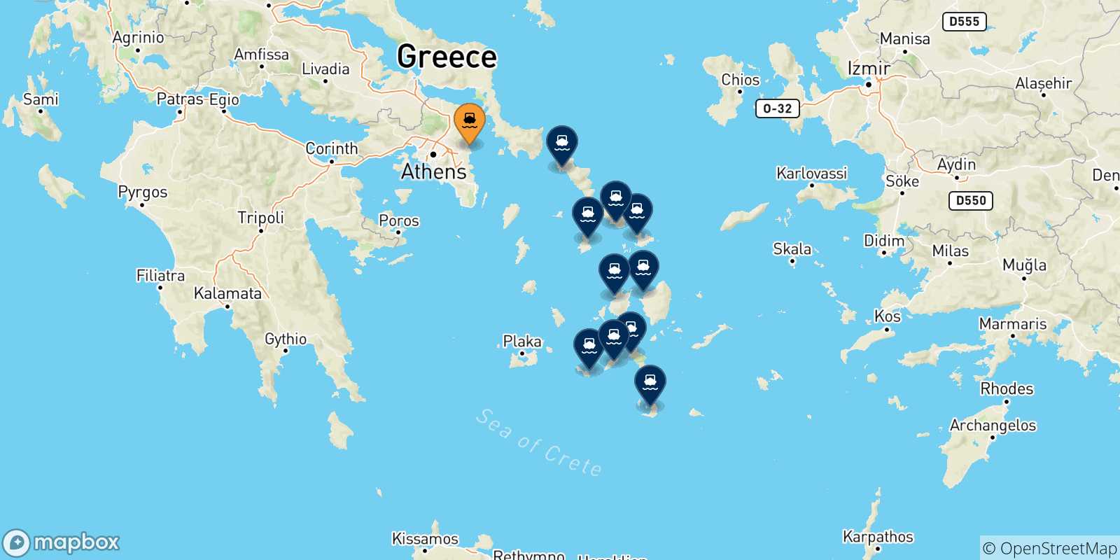 Mappa delle possibili rotte tra Rafina e le Isole Cicladi