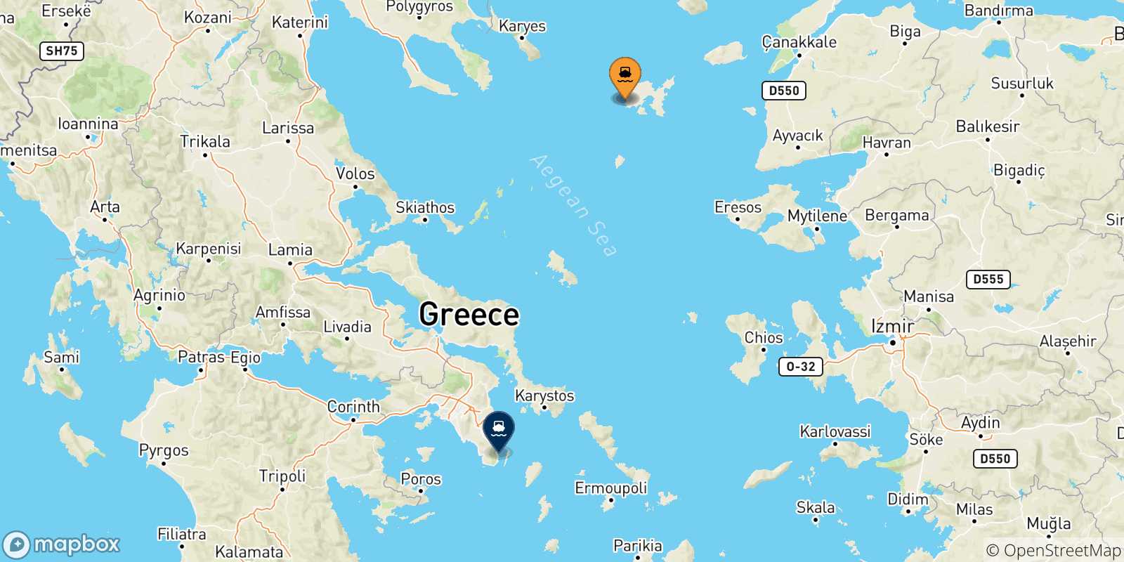 Mappa delle possibili rotte tra le Isole Egeo Nord Orientale e Lavrio