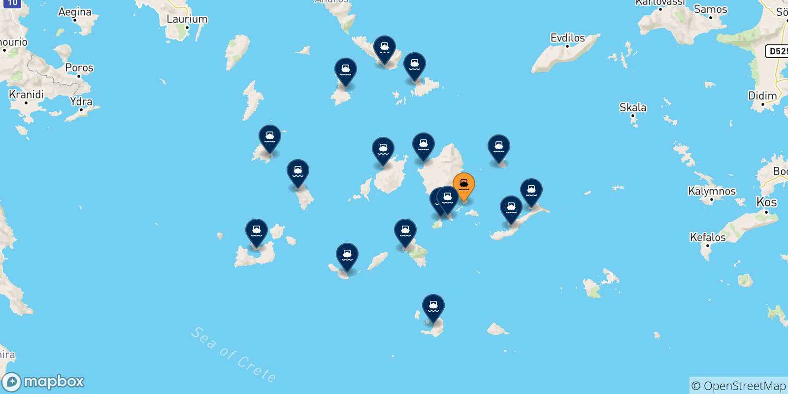Mappa delle possibili rotte tra Koufonissi e le Isole Cicladi