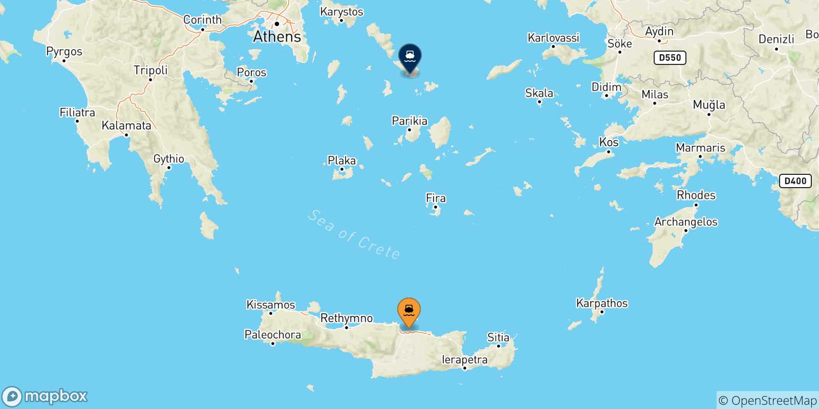 Mappa delle possibili rotte tra Creta e Tinos