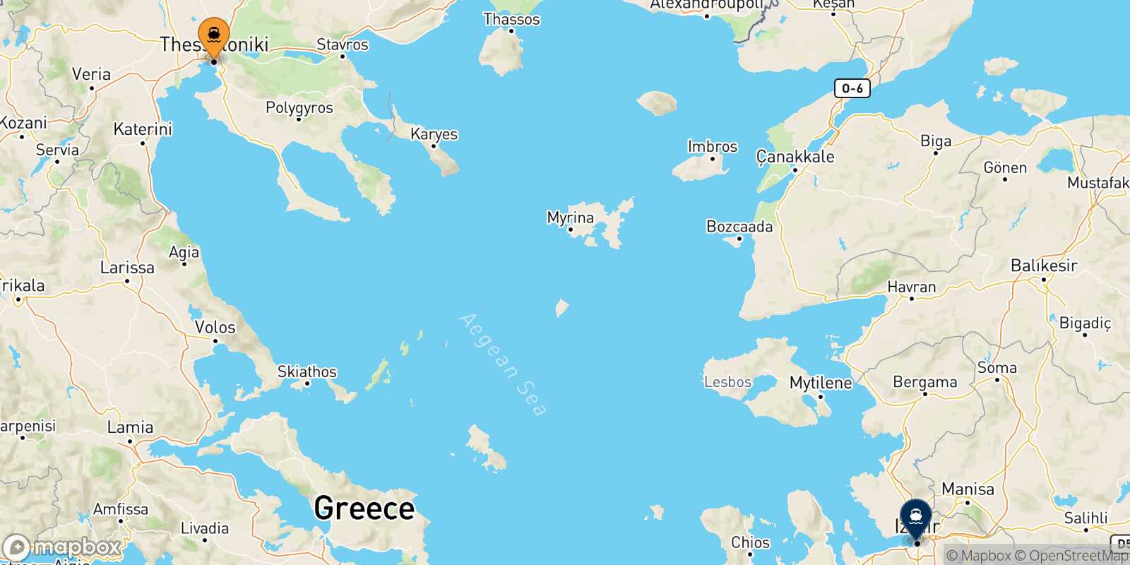 Mappa della rotta Salonicco Izmir