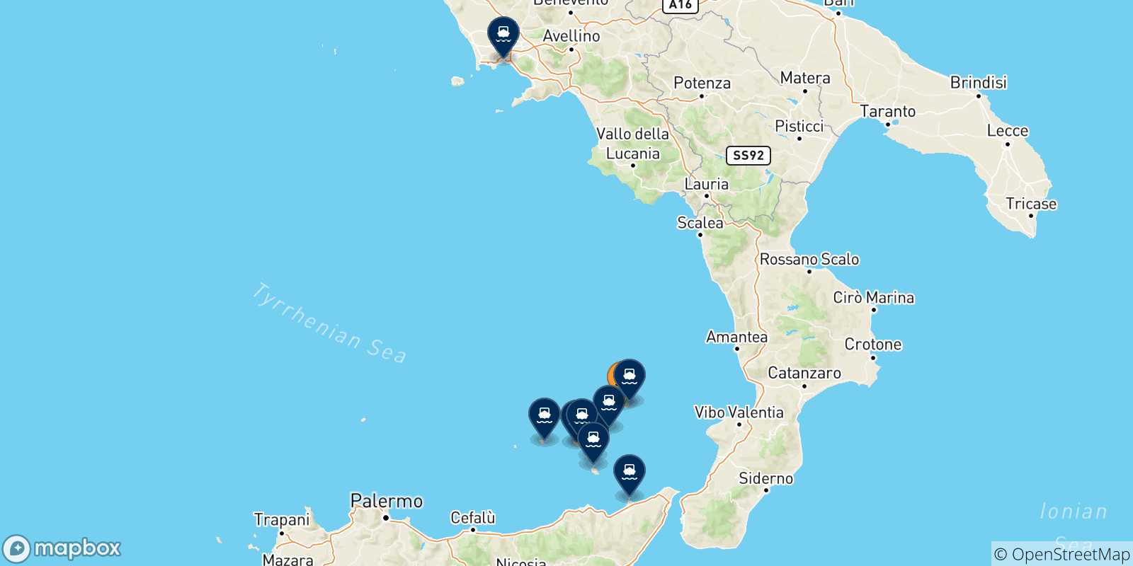 Mappa delle possibili rotte tra Ginostra (Stromboli) e l'Italia