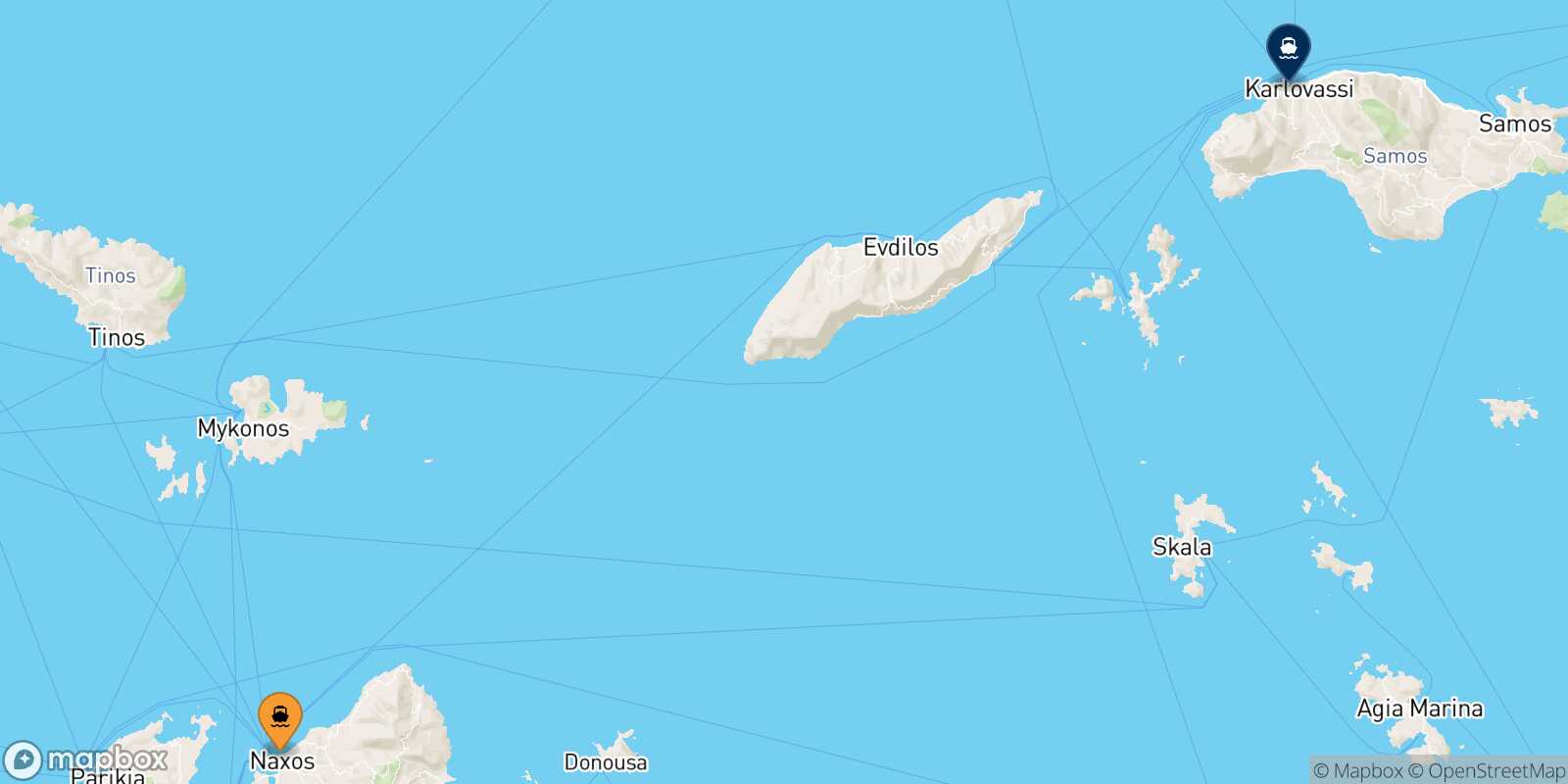 Mappa della rotta Naxos Karlovassi (Samos)