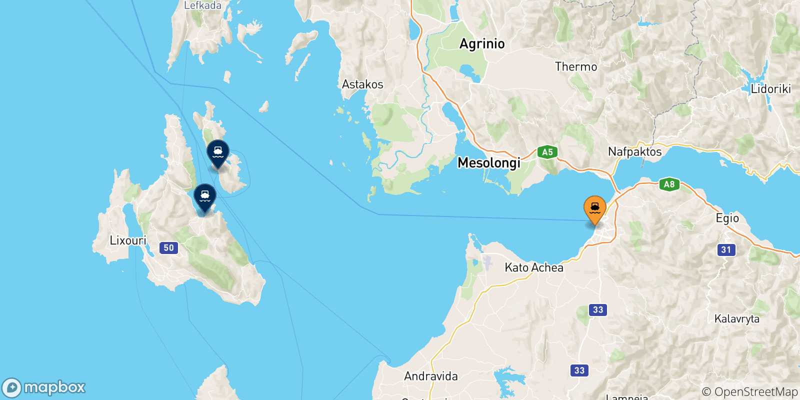 Mappa delle possibili rotte tra Patrasso e le Isole Ionie