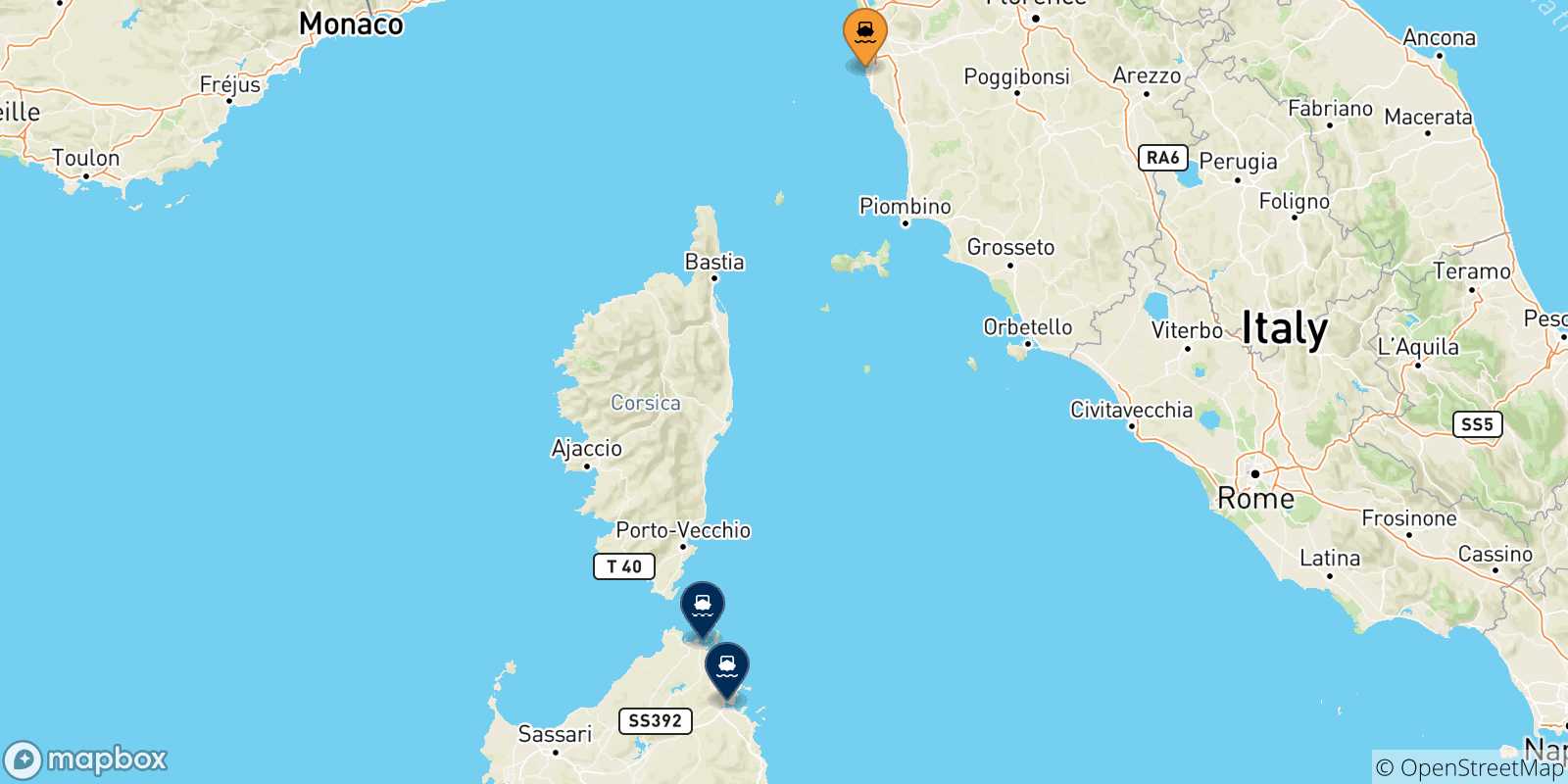Mappa delle possibili rotte tra Livorno e la Sardegna