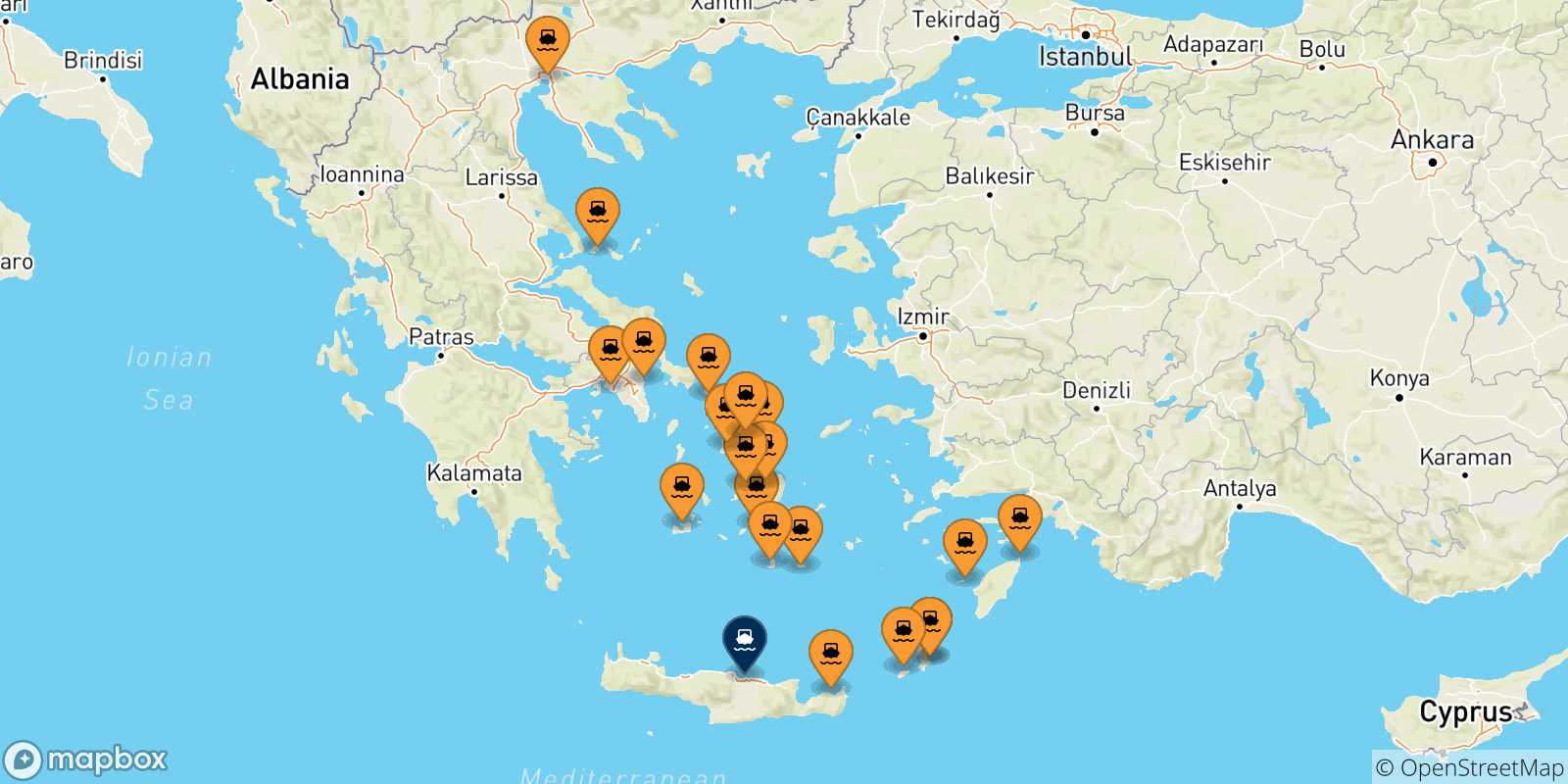 Mappa delle possibili rotte tra la Grecia e Heraklion