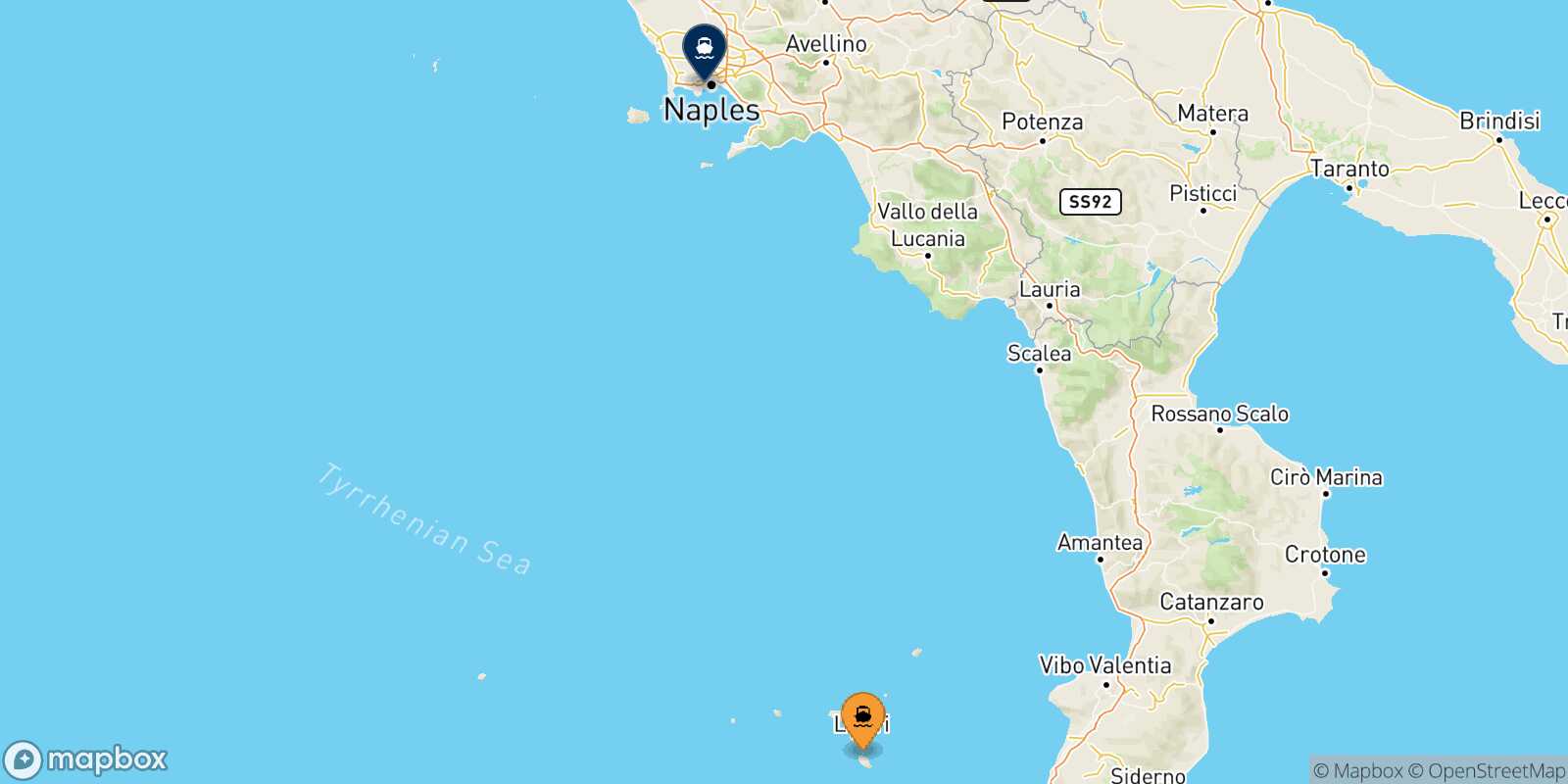 Mappa della rotta Vulcano Napoli Mergellina