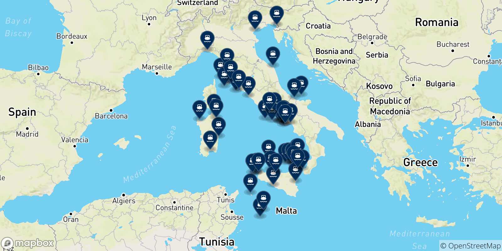 Mappa delle possibili rotte tra l'Italia e l'Italia