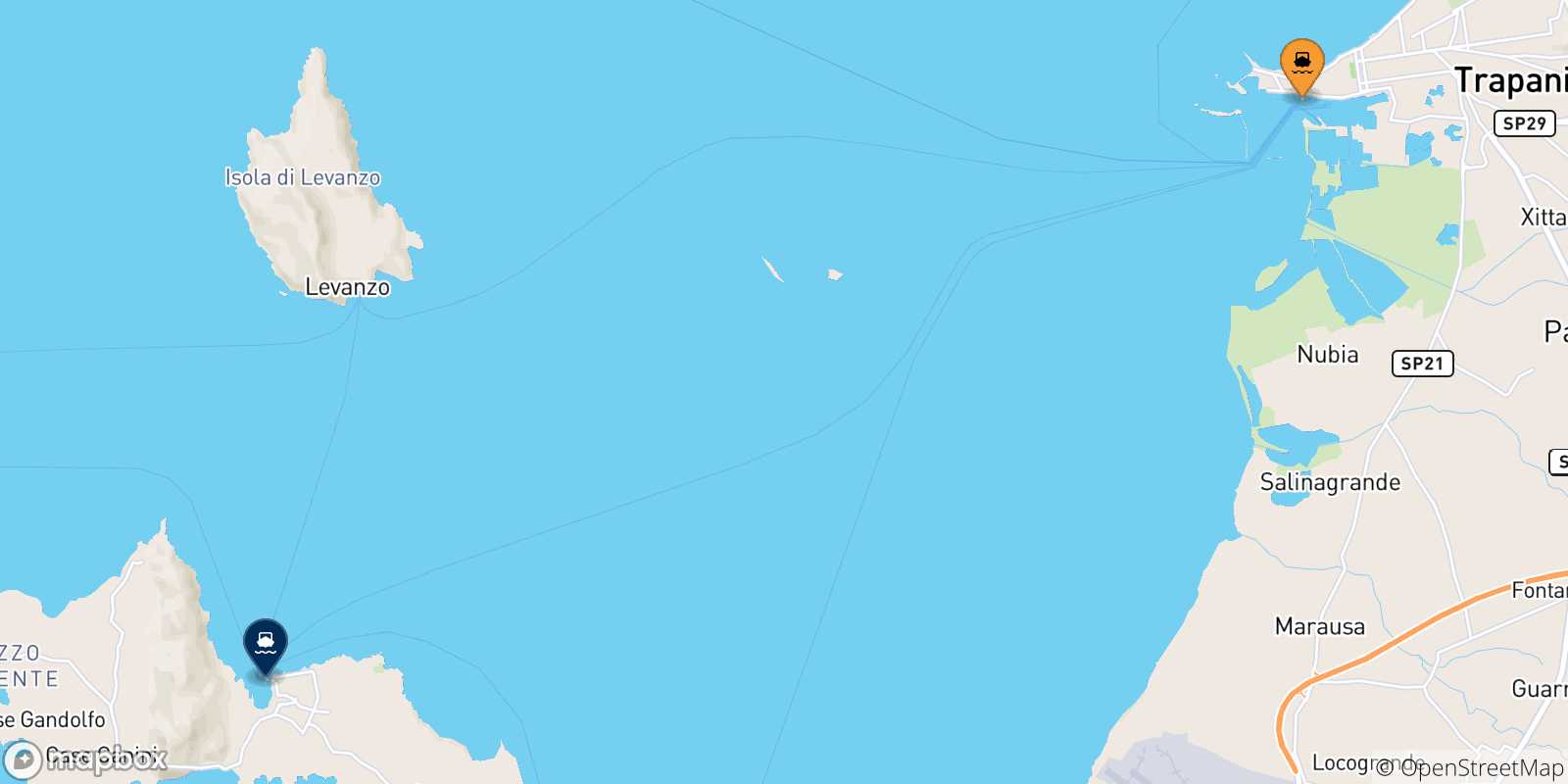 Mappa delle possibili rotte tra la Sicilia e Favignana