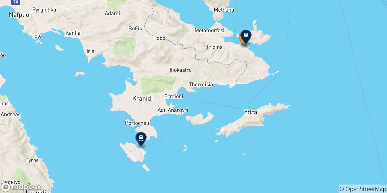 Mappa delle possibili rotte tra Hydra e le Isole Saroniche