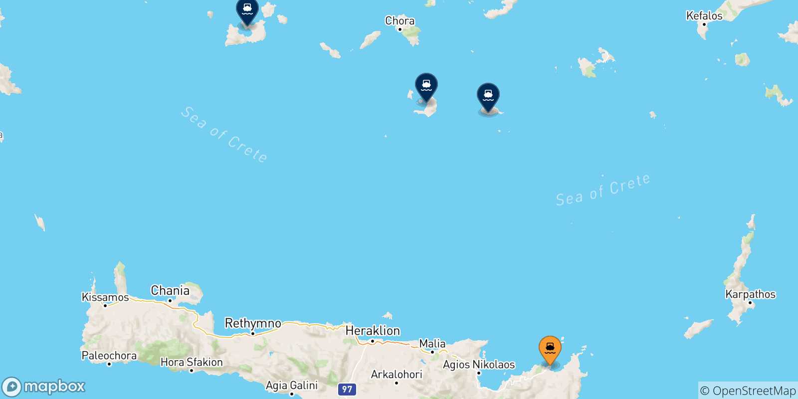 Mappa delle possibili rotte tra Sitia e le Isole Cicladi