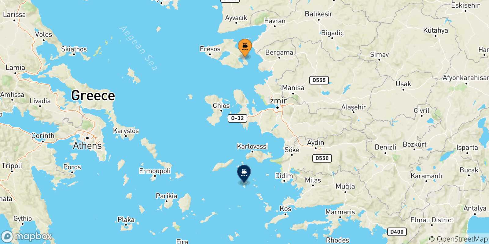 Mappa delle possibili rotte tra Mitilini (Lesvos) e le Isole Dodecaneso
