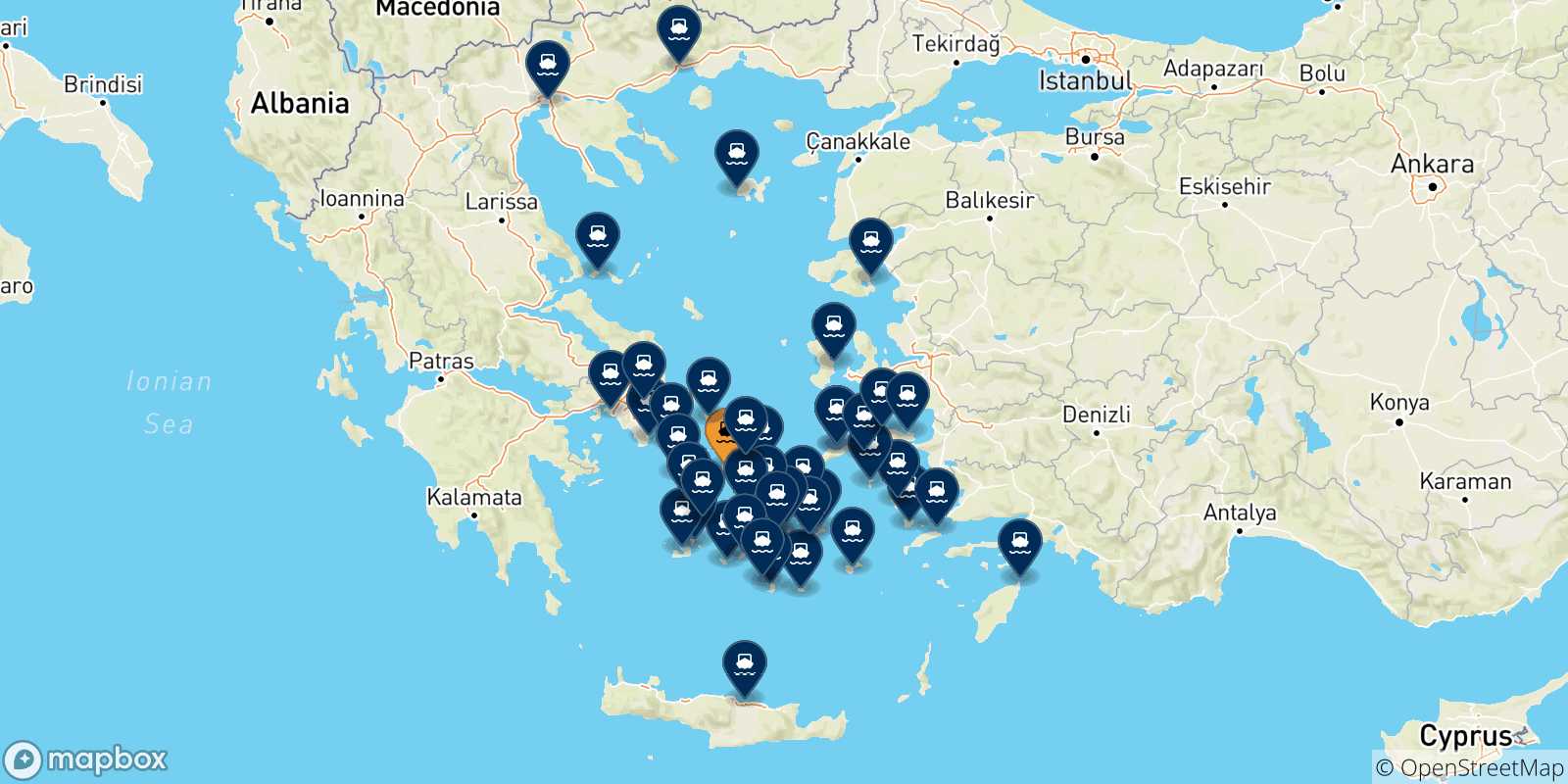 Mappa delle possibili rotte tra Syros e la Grecia