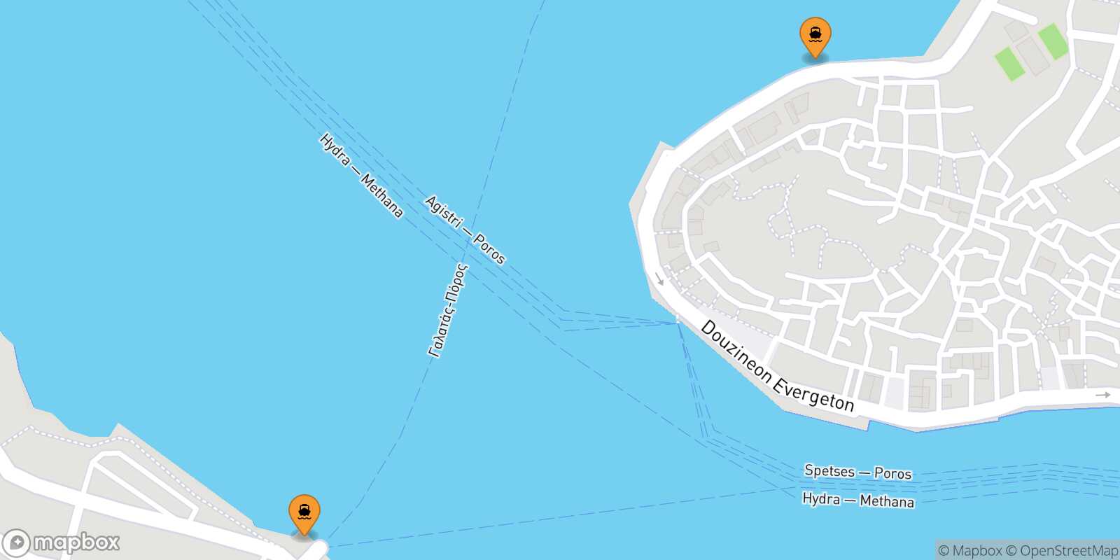 Mappa dei porti collegati con  Spetses