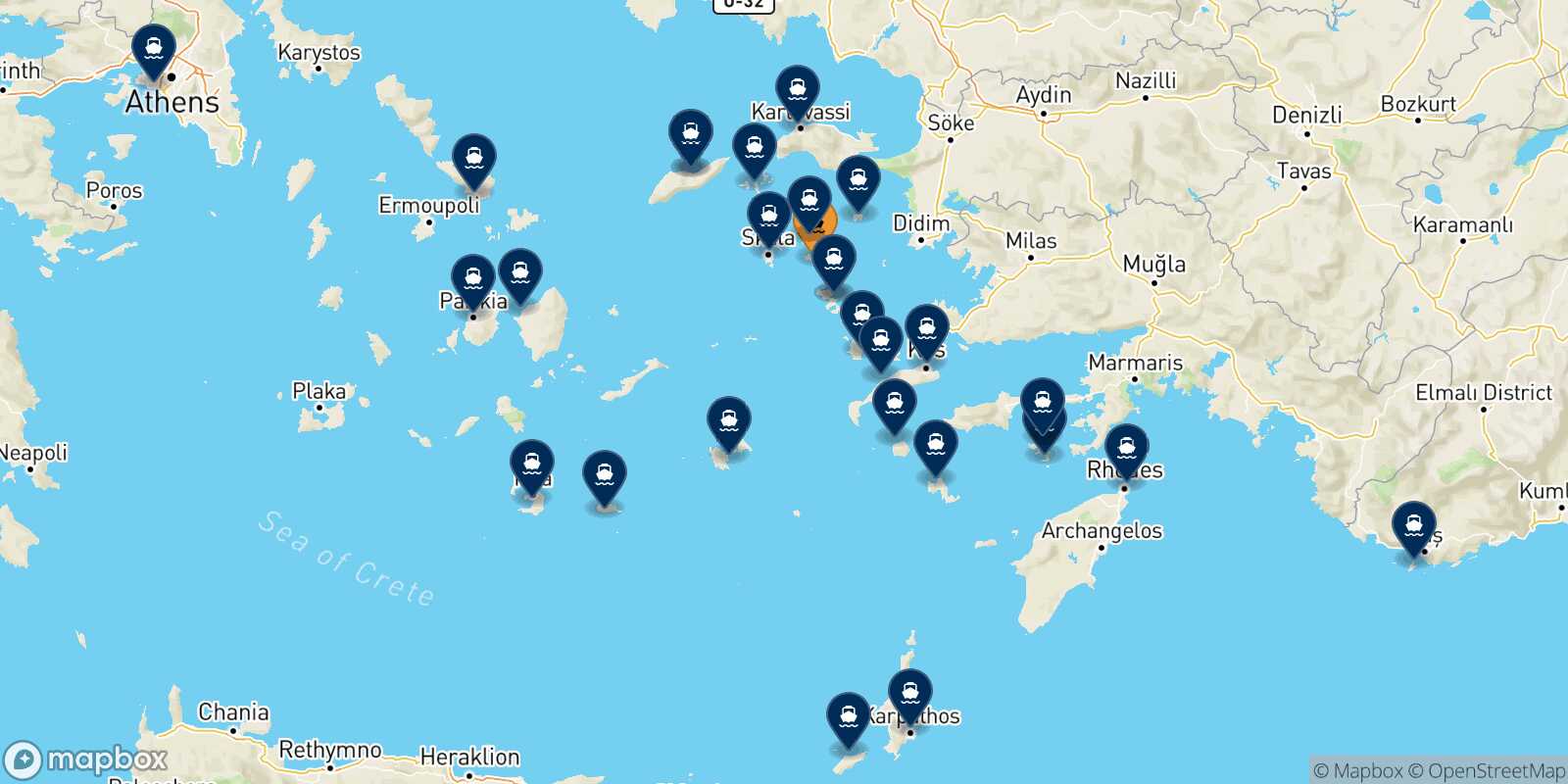 Mappa delle destinazioni raggiungibili da Lipsi