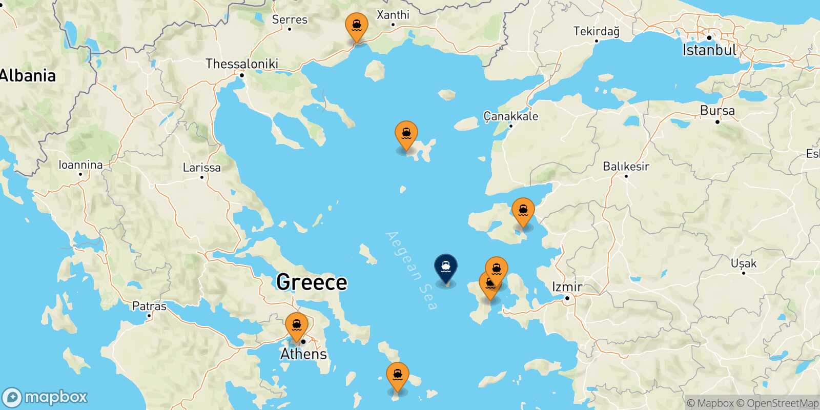 Mappa dei porti collegati con  Psara