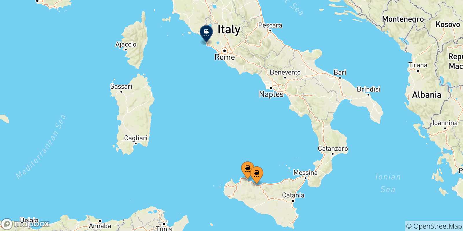 Mappa delle possibili rotte tra la Sicilia e Civitavecchia